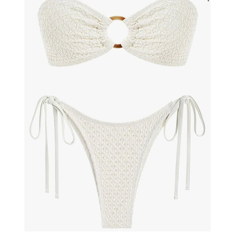 Cheeky Lace Textured Two Piece Bandeau Swim Bikini Bathing Suit Sz S Off White